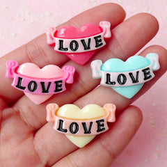 Heart with Love Cabochon (4pcs / 26mm x 16mm / Pastel Color) Heart Cabochon Scrapbooking Decoden Kawaii Cell Phone Deco Colorful CAB254