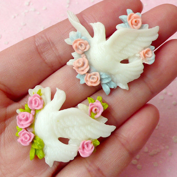 Peace Dove with Flower Cabochon (2pcs / 34mm x 30mm) Bird Cabochon Jewelry Making Scrapbooking Decoden Kawaii Cell Phone Deco CAB255