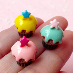 3D Cupcake Cabochon w/ Star (3pcs / 12mm x 16mm) Miniature Sweets Dollhouse Cupcake Jewelry Kawaii Deco Fairy Kei Decoden Supplies FCAB120