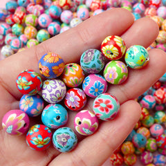 Polymer Clay Beads Lot / Assorted Flower Beads Mix (12mm / Round