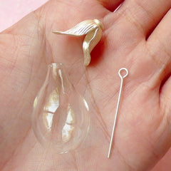 Teardrop Glass Globe / Glass Bottle (30mm x 18mm) w/ Silver Plated Flower / Leaf Cover (1 Set) DIY Pendant Charm Jewelry Glass Bubble F110