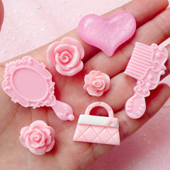 Pink Princess Cabochon Mix (7pcs / Comb Mirror Handbag Flower Rose Heart) Scrapbooking Decoden Kawaii Cell Phone Deco Lolita CAB269