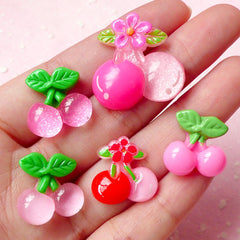 Decoden Cabochons / Assorted Cherry Cabochon Mix (5pcs / 18mm & 25mm / Flat Back) Kawaii Fruit Embellishment Decora Hair Clip Making FCAB121