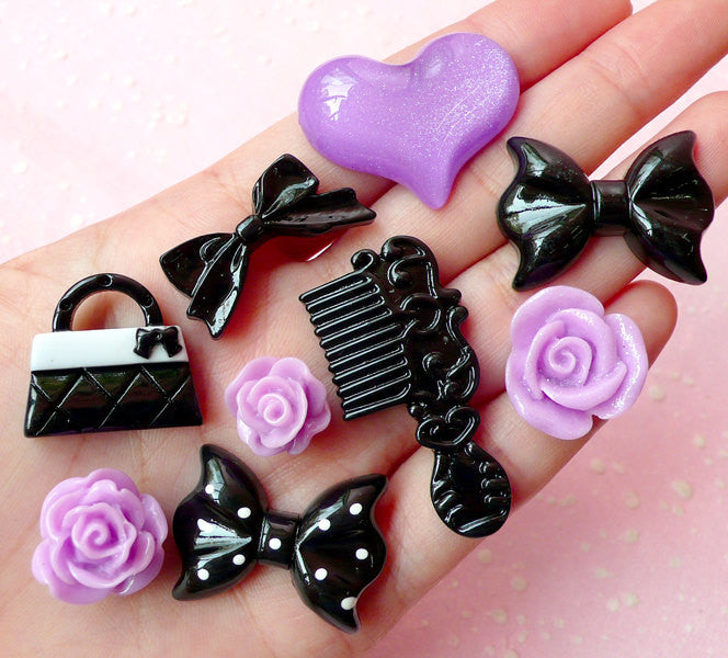 Mystery Princess Cabochon Mix (9pcs / Comb Handbag Flower Rose Heart Bow Ribbon / Black Purple) Scrapbooking Cell Phone Deco Lolita CAB270