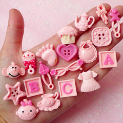 Pink Baby Cabochon Mix (19pcs / Button Cupcake Bear Foot Bib Dress Sunglasses ABC Monkey) Scrapbooking Kawaii Cell Phone Deco CAB271