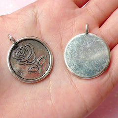 Rose Flower Charms Tag Charm (3pcs) (25mm x 30mm / Tibetan Silver) Metal Findings Pendant Bracelet Earrings Zipper Pulls Keychain CHM267