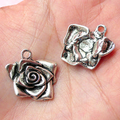 Flower Rose Charms (2pcs) (20mm x 18mm / Tibetan Silver) Floral Metal Findings Pendant Bracelet Earrings Zipper Pulls Keychain CHM268