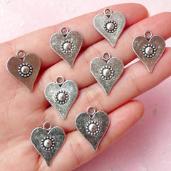 Heart Charms w/ Flower (8pcs) (15mm x 19mm / Tibetan Silver / 2 Sided) Pendant Bracelet Earrings Zipper Pulls Bookmarks Keychains CHM271