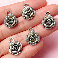 Flower Rose Charms (5pcs) (14mm x 18mm / Tibetan Silver) Floral Metal Findings Pendant Bracelet Earrings Zipper Pulls Keychain CHM280