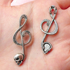 Music Note / Treble Clef / G-clef Charms w/ Skull (3pcs) (41mm x 15mm / Tibetan Silver) Rock Pendant Bracelet Earrings Zipper Pulls CHM289