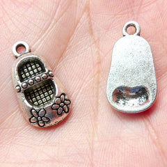 Baby Girl Shoe Charms w/ Flower (4pcs) (11mm x 21mm / Tibetan Silver) Pendant Bracelet Earrings Zipper Pulls Bookmark Keychains CHM258