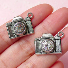 3D Camera Charms w/ Clear Rhinestones (2pcs) (21mm x 16mm / Tibetan Silver) Pendant Bracelet Earrings Zipper Pulls Bookmarks Keychain CHM263