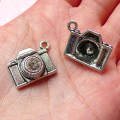 3D Camera Charms w/ Clear Rhinestones (2pcs) (21mm x 16mm / Tibetan Silver) Pendant Bracelet Earrings Zipper Pulls Bookmarks Keychain CHM263