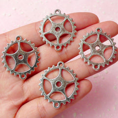 Gear Charm Connectors (4pcs) (25mm x 28mm / Tibetan Silver / 2 Sided) Steampunk Pendant Bracelet Earrings Zipper Pulls Keychains CHM288