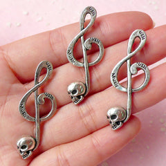 Music Note / Treble Clef / G-clef Charms w/ Skull (3pcs) (41mm x 15mm / Tibetan Silver) Rock Pendant Bracelet Earrings Zipper Pulls CHM289