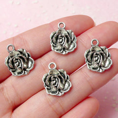 Flower Rose Charms (4pcs) (13mm x 17mm / Tibetan Silver) Floral Metal Findings Pendant Bracelet Earrings Zipper Pulls Keychain CHM296