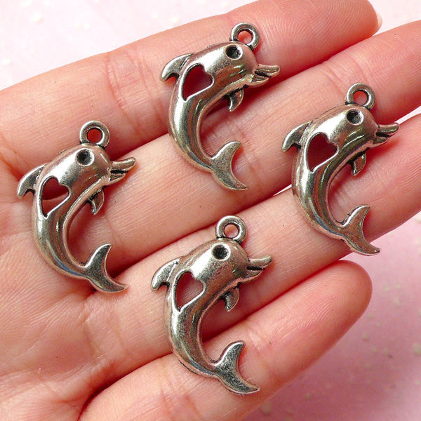 CLEARANCE Dolphin Charms w/ Love (4pcs) (26mm x 18mm / Tibetan Silver) Metal Findings Pendant Bracelet Earrings Zipper Pulls Bookmark Keychains CHM307