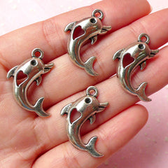 CLEARANCE Dolphin Charms w/ Love (4pcs) (26mm x 18mm / Tibetan Silver) Metal Findings Pendant Bracelet Earrings Zipper Pulls Bookmark Keychains CHM307