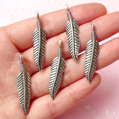 Feather Charms (5pcs) (37mm x 9mm / Tibetan Silver) Antique Charm Metal Findings Pendant Bracelet Earrings Zipper Pulls Keychain CHM310