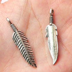 Feather Charms (5pcs) (37mm x 9mm / Tibetan Silver) Antique Charm Metal Findings Pendant Bracelet Earrings Zipper Pulls Keychain CHM310