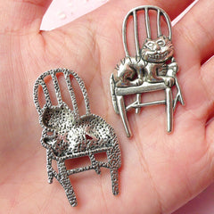 Alice in Wonderland Charm Cat Charms (2pcs) (22mm x 41mm / Tibetan Silver) Kawaii Metal Finding Pendant Bookmark Keychains CHM316