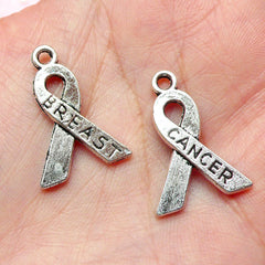 Breast Cancer Ribbon Charms (8pcs) (16mm x 23mm / Tibetan Silver / 2 Sided) Findings Pendant Bracelet Earrings Zipper Pulls Keychains CHM321