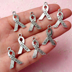 Breast Cancer Ribbon Charms (8pcs) (16mm x 23mm / Tibetan Silver / 2 Sided) Findings Pendant Bracelet Earrings Zipper Pulls Keychains CHM321