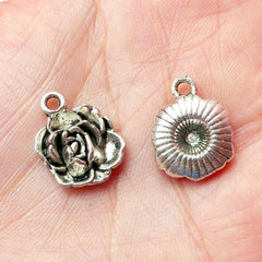 Flower Rose Charms (4pcs) (13mm x 17mm / Tibetan Silver) Floral Metal Findings Pendant Bracelet Earrings Zipper Pulls Keychain CHM296