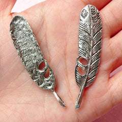 Feather Charms (2pcs) (53mm x 12mm / Tibetan Silver) Metal Findings Pendant Bracelet Earrings Bookmark Zipper Pulls Keychain CHM304