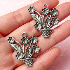 Flower Plant Charms (2pcs) (28mm x 31mm / Tibetan Silver) Metal Findings Pendant Bracelet Earrings Zipper Pulls Bookmarks Keychains CHM313