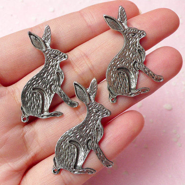 Rabbit Charms Bunny Charm (3pcs) (23mm x 32mm / Tibetan Silver) Animal Charms Pendant Bracelet Earrings Zipper Pulls Keychains CHM319