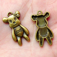 Bear w/ Love and Bow Charms (3pcs) (15mm x 28mm / Antique Bronze) Findings Pendant Bracelet Earrings Zipper Pulls Bookmark Keychains CHM356