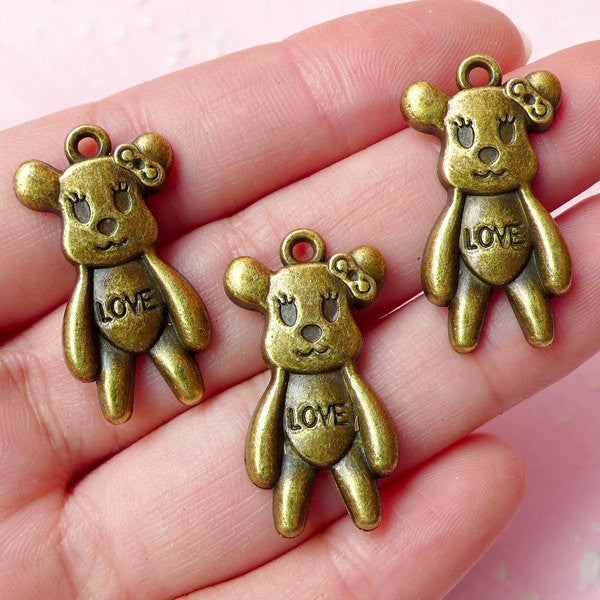 Bear w/ Love and Bow Charms (3pcs) (15mm x 28mm / Antique Bronze) Findings Pendant Bracelet Earrings Zipper Pulls Bookmark Keychains CHM356