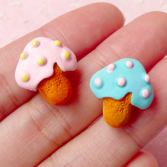 CLEARANCE Kawaii Resin Cabochon Mushroom Sugar Cookie Cabochons (2pcs / 16mm x 17mm / Flatback) Miniature Biscuit Dollhouse Sweets Decoden FCAB135