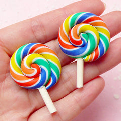 Rainbow Lollipop Cabochon / Polymer Clay Candy Cabochon (2pcs / 28mm x 42mm) Kawaii Miniature Sweets Jewelry Fimo Decoden Supplies FCAB162