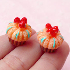 Miniature Cupcake Cabochon w/ Strawberry (2pcs / 15mm / 3D) Decoden Pieces Kawaii Supplies Fake Sweets Deco Dollhouse Food Jewelry FCAB147