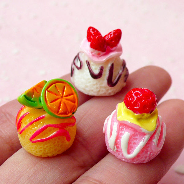 Ice Cream Scoop Resin Cabochons with Fruit Topping (3pcs / 15mm x 16mm / 3D) Kawaii Miniature Sweets Deco Whimsical Embellishment FCAB169