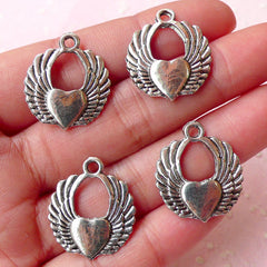 Angel Wing w/ Heart Charms (4pcs) (19mm x 23mm / Tibetan Silver / 2 Sided) Metal Findings Pendant Bracelet Zipper Pulls Keychain CHM363