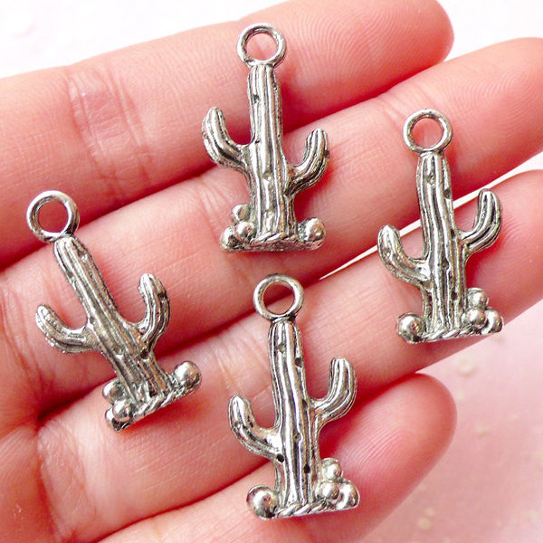 CLEARANCE 3D Cactus Charms (4pcs) (13mm x 24mm / Tibetan Silver / 2 Sided) Findings Pendant Bracelet Earrings Zipper Pulls Bookmarks Keychains CHM372