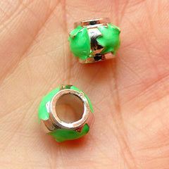 Round Beads w/ Green Enamel (2pcs) (7mm x 10mm / Silver) Metal Beads Finding Pendant DIY Bracelet Earrings Bookmark Keychains CHM385