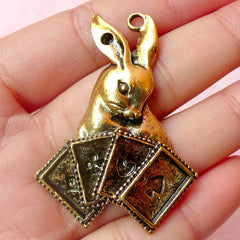 Bunny Hare & Pokers / Alice in Wonderland Charm (1pc) (35mm x 48mm / Antique Gold) Kawaii Metal Finding Pendant Bookmark Keychains CHM394