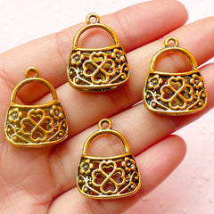 CLEARANCE Purse Charms Handbag Charms (4pcs) (19mm x 24mm / Antique Gold/ 2 Sided) Pendant Bracelet Earrings Bookmark Zipper Pulls Keychains CHM396