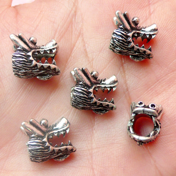 Dragon Head Beads (5pcs) (12mm x 9mm / Tibetan Silver / 2 Sided) Metal Finding Pendant DIY Bracelet Earrings Bookmark Keychains CHM380