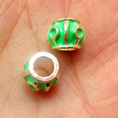 Round Beads w/ Green Enamel (2pcs) (7mm x 9mm / Silver) Metal Beads Finding Pendant DIY Bracelet Earrings Bookmark Keychains CHM386