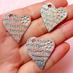 Friend Charms Friend Forever Heart Charms (3pcs) (24mm x 26mm / Tibetan Silver) DIY Pendant Bracelet Zipper Pulls Bookmarks Keychains CHM410