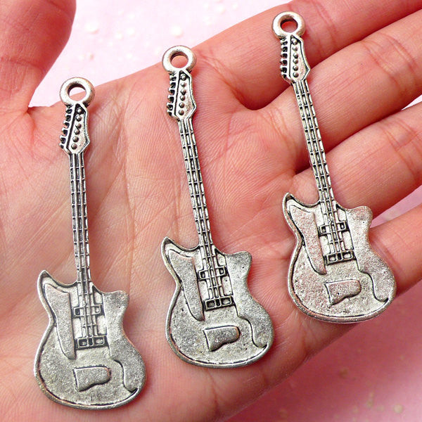 CLEARANCE Electric Guitar Charms (3pcs) (20mm x 64mm / Tibetan Silver) Metal Finding Pendant Bracelet Earrings Zipper Pulls Bookmark Keychains CHM407