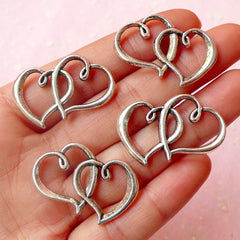 Double Heart Connector / Charms (4pcs) (31mm x 19mm / Tibetan Silver / 2 Sided) Pendant Bracelet Zipper Pulls Bookmarks Keychains CHM409