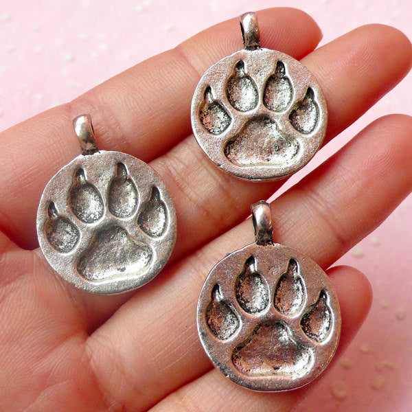 CLEARANCE Paw Charms Round Animal Charms (3pcs) (21mm x 28mm / Tibetan Silver) Pet Cat Dog Charms Animal Pendant Bracelet Earrings Zipper Pulls CHM421