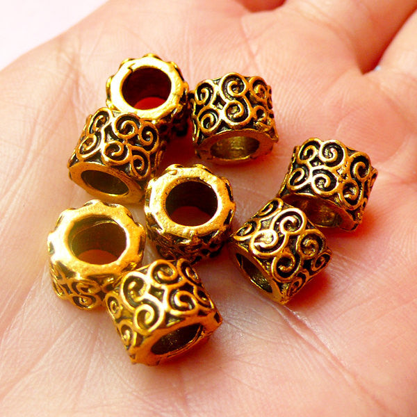 CLEARANCE Ring Beads w/ Scroll Pattern (8pcs) (9mm x 7mm / Antique Gold) Metal Beads Findings Spacer Slider DIY Pendant Bracelet Earrings CHM443