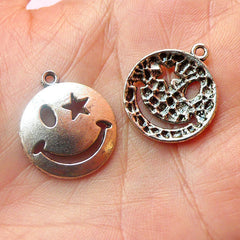 Smiley Charms w/ Star (6pcs) (19mm x 22mm / Tibetan Silver) Findings Pendant Bracelet DIY Earrings Zipper Pulls Bookmark Keychains CHM440